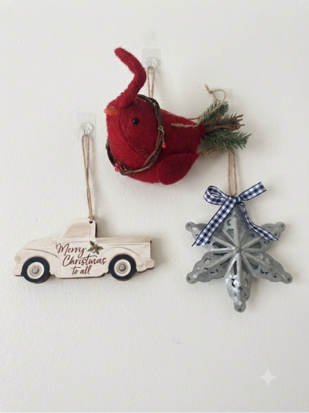 3 Christmas Ornaments, Red Bird, White Truck, Silver Metal 3D Snowflake